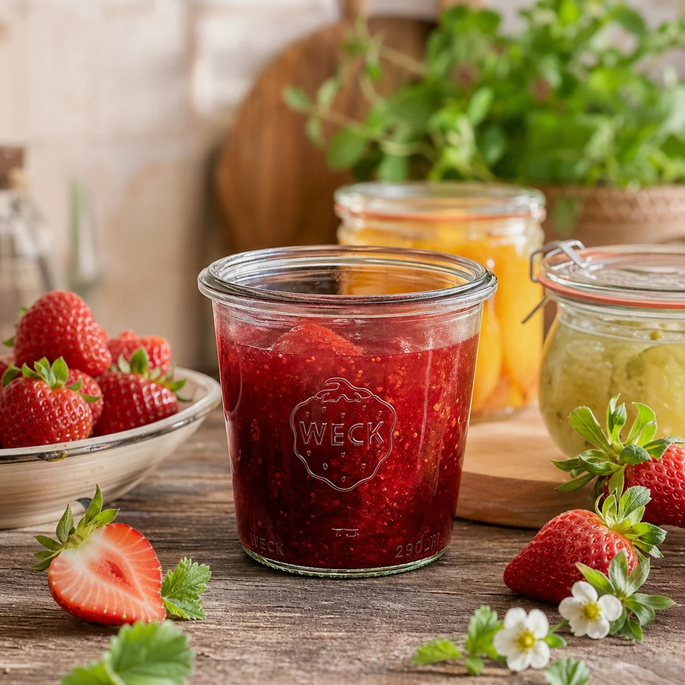 290ml słoik WECK RR80 wypełniony dżemem truskawkowym obok świeżych truskawek na drewnianym stole w rustykalnej kuchni