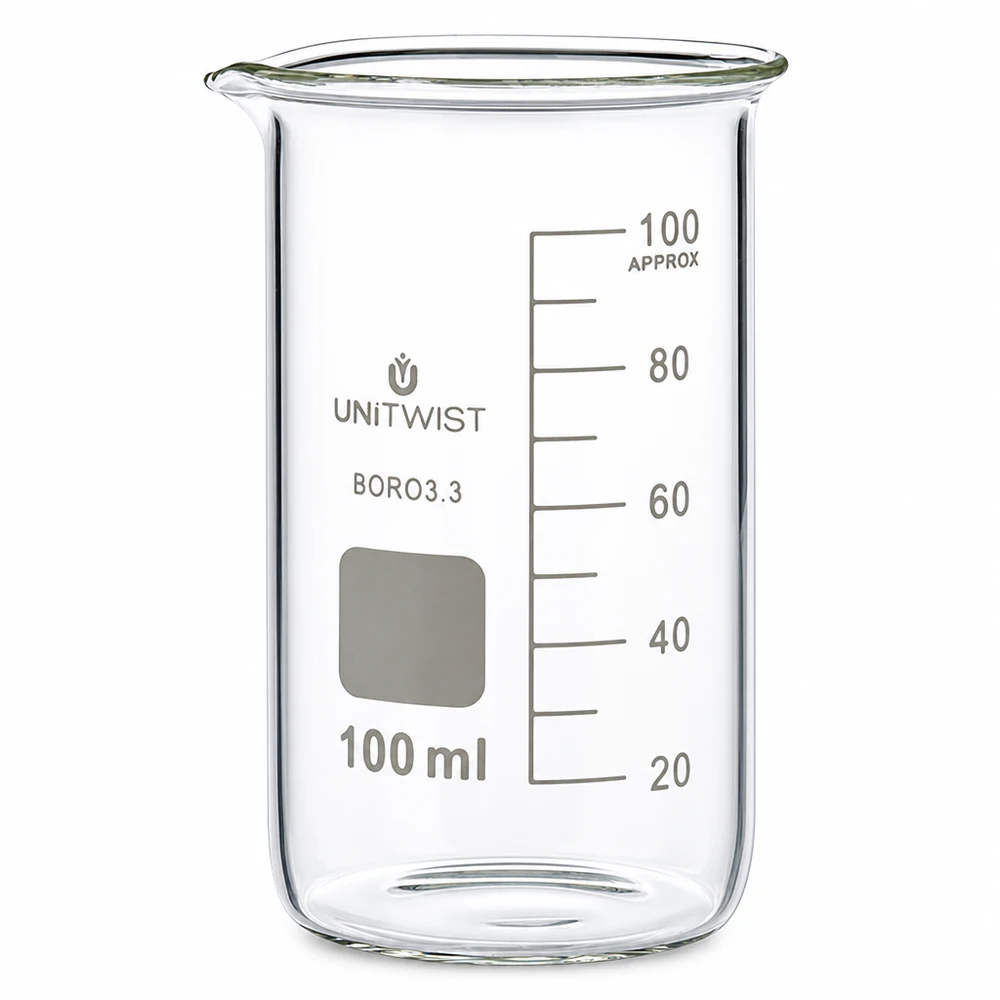 Zlewka 100ml borokrzemianowa, wysoka UNITWIST Szklanka o pojemności 100 ml, wysoka, wykonana z przezroczystego szkła borokrzemowego, z podziałką mililitrową, marki UNITWIST