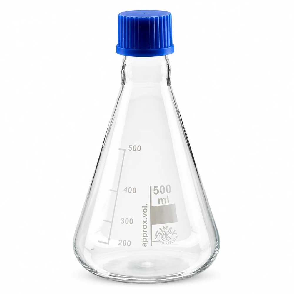 Szklana kolba Erlenmeyera o pojemności 500 ml z niebieską zakrętką do zastosowań laboratoryjnych