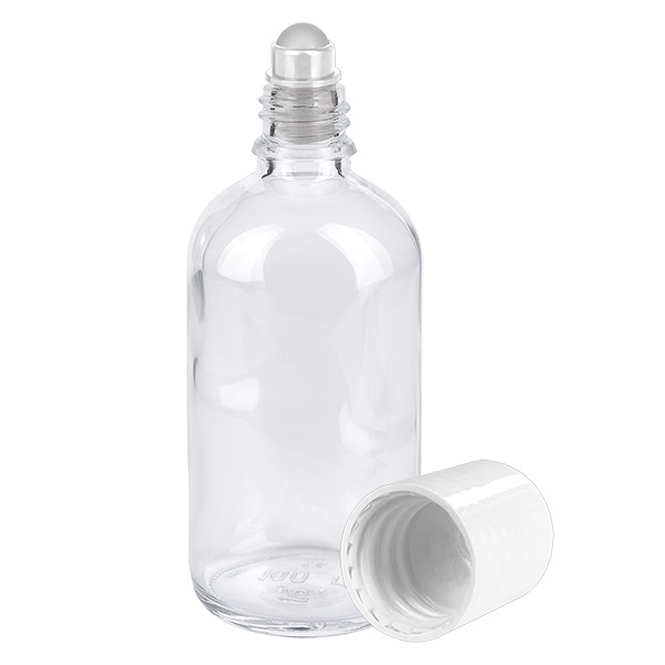 Butelka roll-on 100 ml biała STD ClearLine UT18/100 Szklana butelka o pojemności 100 ml z kulką i białym zakrętką ClearLine UT18/100