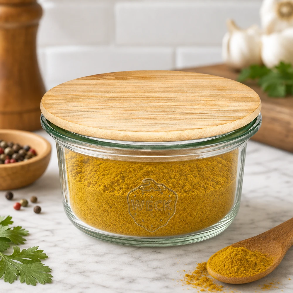 Minibutelki WECK RR60 o pojemności 50 ml z drewnianą pokrywką WECK mini słoik 50ml z drewnianą pokrywką wypełniony żółtą przyprawą w proszku w nowoczesnej kuchni z ziołami
