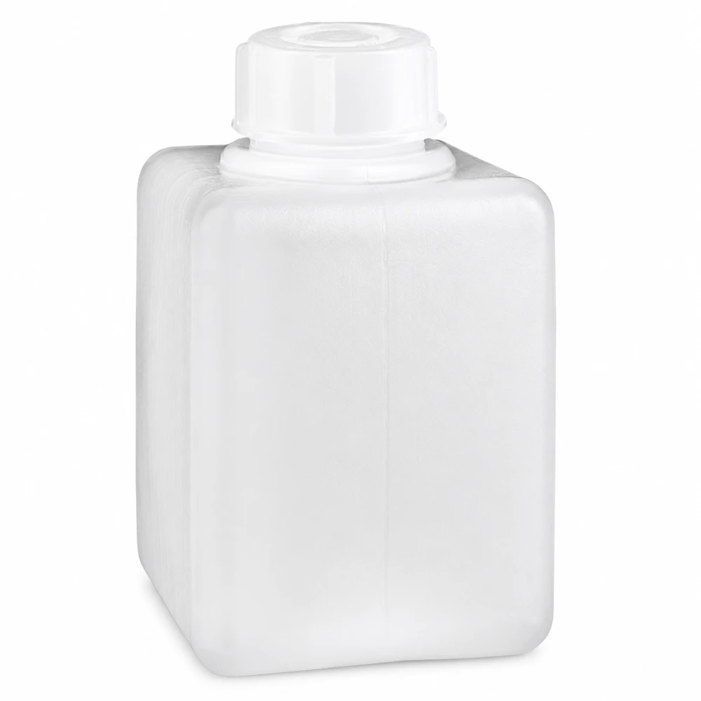 Butelka na chemikalia 100 ml, wąska szyjka z PE-HD, kolor naturalny Butelka na chemikalia 100 ml, o wąskiej szyjce, z polietylenu HD w kolorze naturalnym, kwadratowa, z białym zakrętkiem