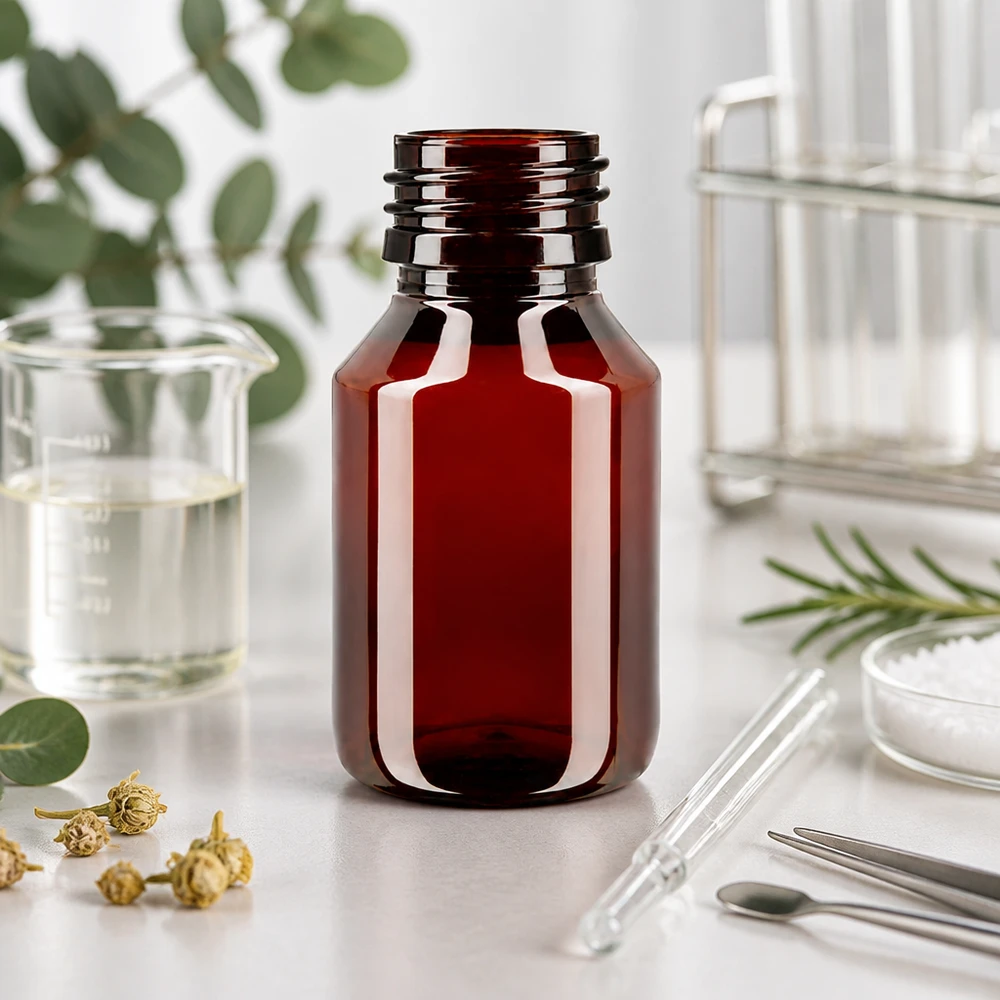 Butelka PET 50ml PP28 bez zakrętki Pusta butelka PET w kolorze bursztynowym, pojemność 50 ml, gwint PP28, bez nakrętki – zbliżenie