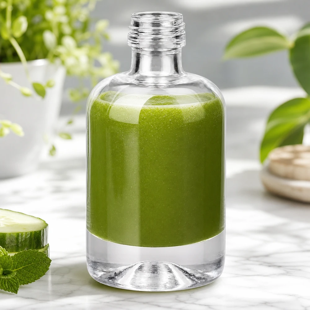 40 ml szklana butelka Sara wypełniona zielonym koktajlem obok ogórka i mięty pokazuje naturalną aplikację kosmetyczną