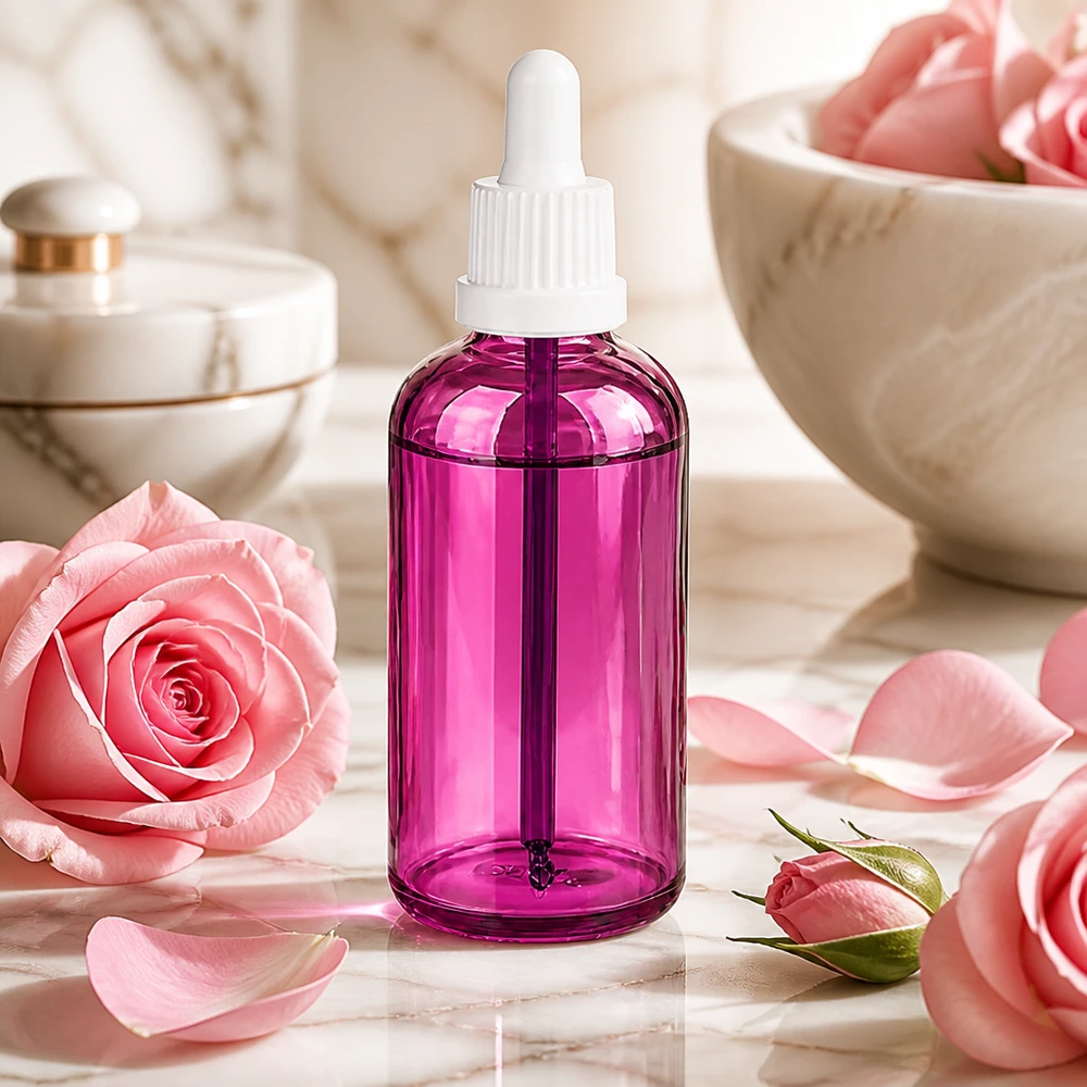 Butelka na kosmetyki z pipetą o pojemności 100 ml wykonana z wysokiej jakości szkła w eleganckim stylu PurpleLine