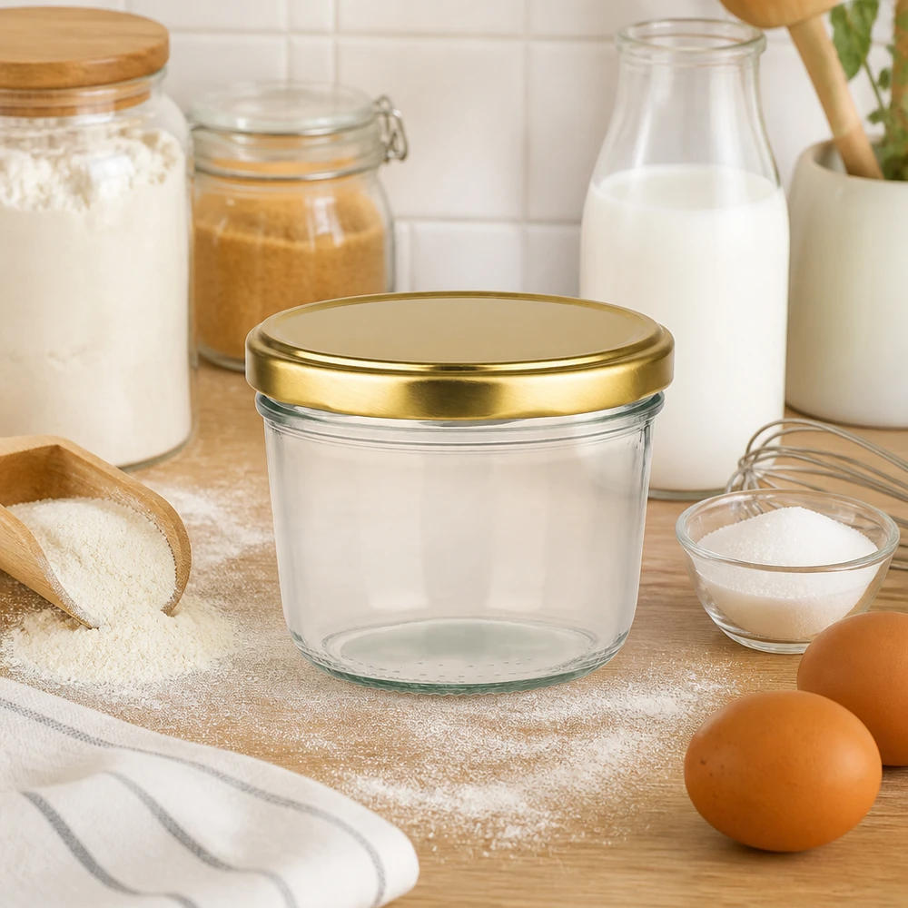 230 ml szklany słoik ze złotą pokrywką w kuchni między składnikami do pieczenia, takimi jak mąka, mleko i jajka na drewnianej desce