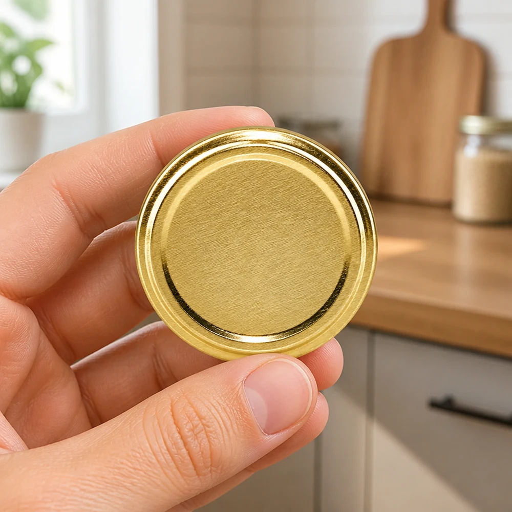 Złota nakrętka 63 mm TO63 na tle kuchni, zdjęcie z ręki