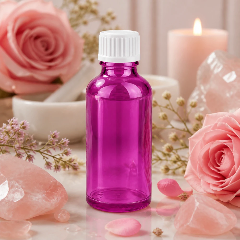50 ml szklana butelka w kolorze jasnofioletowym z białą zakrętką na olejki eteryczne i kosmetyki