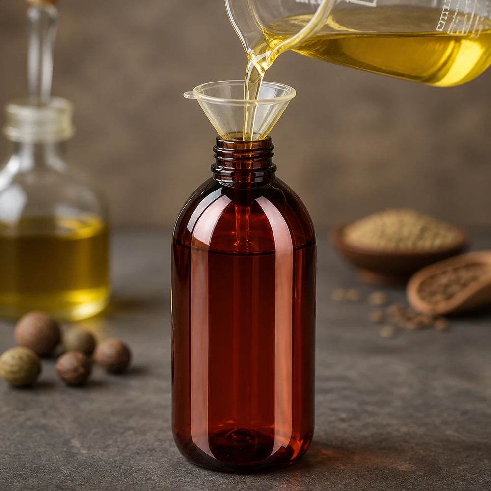 Stabile 250ml PET Rundflasche in Braun mit OV Verschluss für Naturöle und Pflegeprodukte