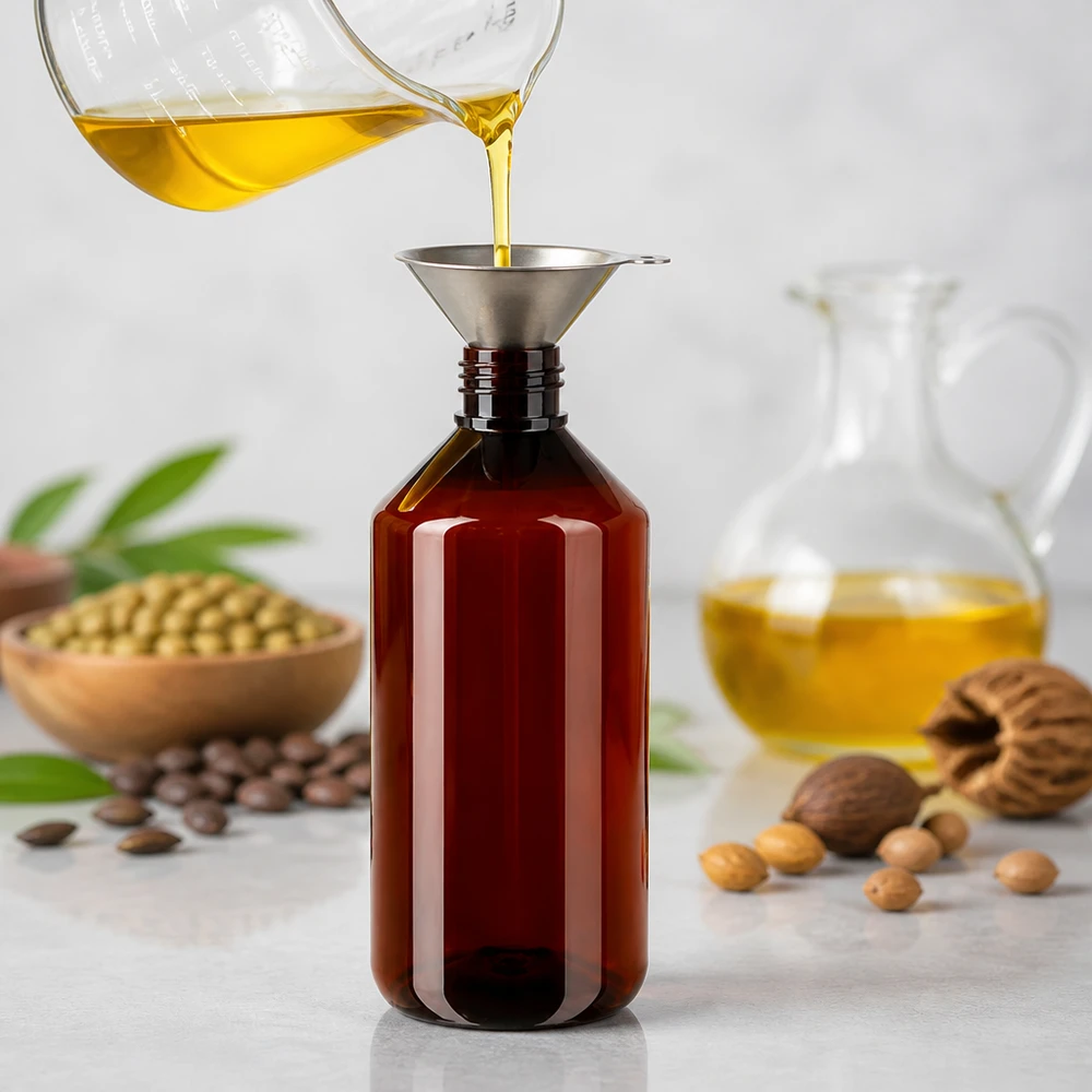 Olej jest rozlewany przez lejek do brązowej butelki PET o pojemności 750 ml z standardowym zamknięciem
