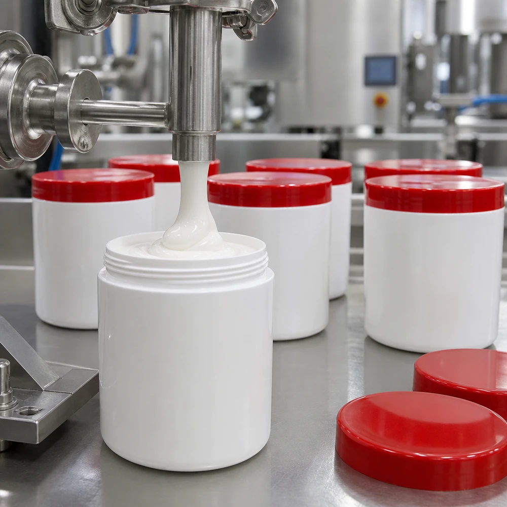 Automatyczne napełnianie białych słoiczków na maści o pojemności 50 g z czerwonymi zakrętkami z PP w produkcji farmaceutycznej