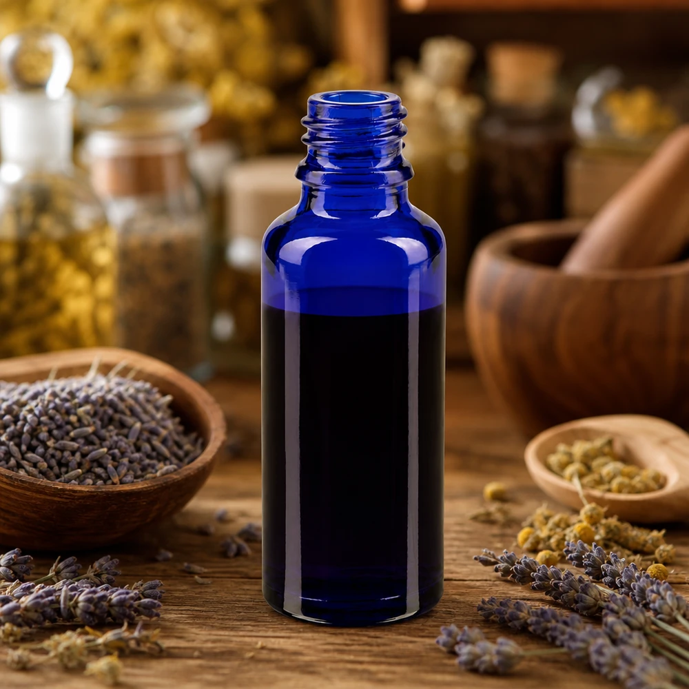 Butelka z zakraplaczem 30 ml DIN 18 NIEBIESKIE SZKŁO Niebieska butelka ApoGlas o pojemności 30 ml pomiędzy lawendą, rumiankiem a drewnianym moździerzem w rustykalnym otoczeniu ziołowym