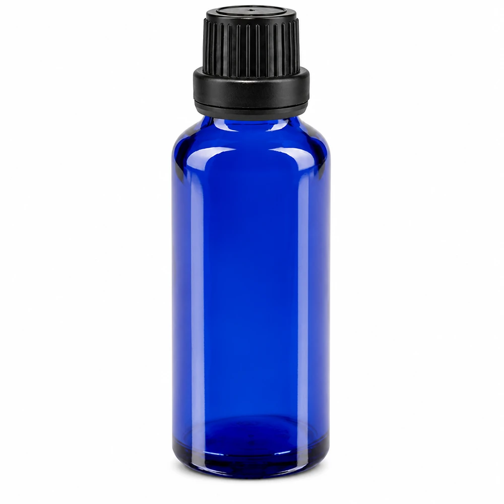 30 ml niebieska szklana buteleczka apteczna z czarnym zamknięciem zabezpieczającym oraz wkładem kroplomierzem o średnicy 2 mm
