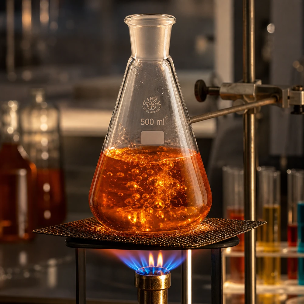 Kolba Erlenmeyera 500 ml ze standardowym szlifowanym złączem (29/32) Kolba Erlenmeyera 500 ml z pomarańczowym roztworem reakcyjnym na palniku Bunsena w laboratorium chemicznym