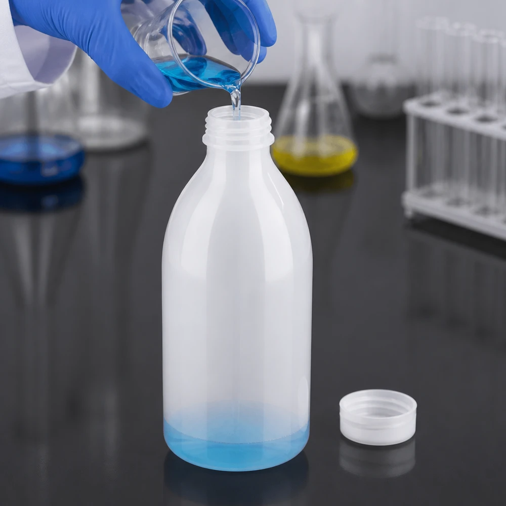 Butelka laboratoryjna o wąskiej szyjce o pojemności 250 ml bez nakrętki, zawierająca niebieski płyn, w profesjonalnym laboratorium