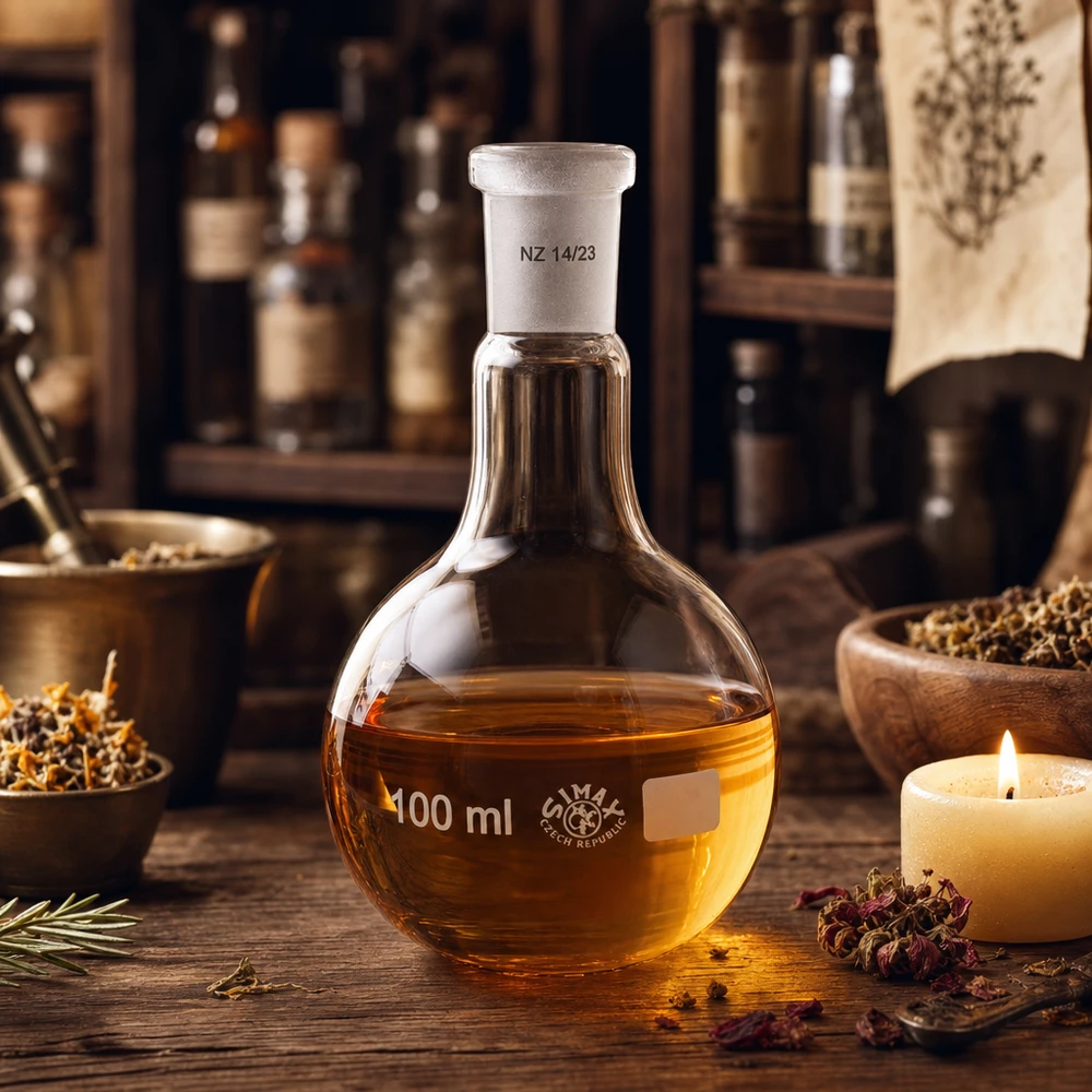 Kolba biodrowa 100 ml z płynem w kolorze złotym i standardowym szlifem 14/23 do chemii organicznej
