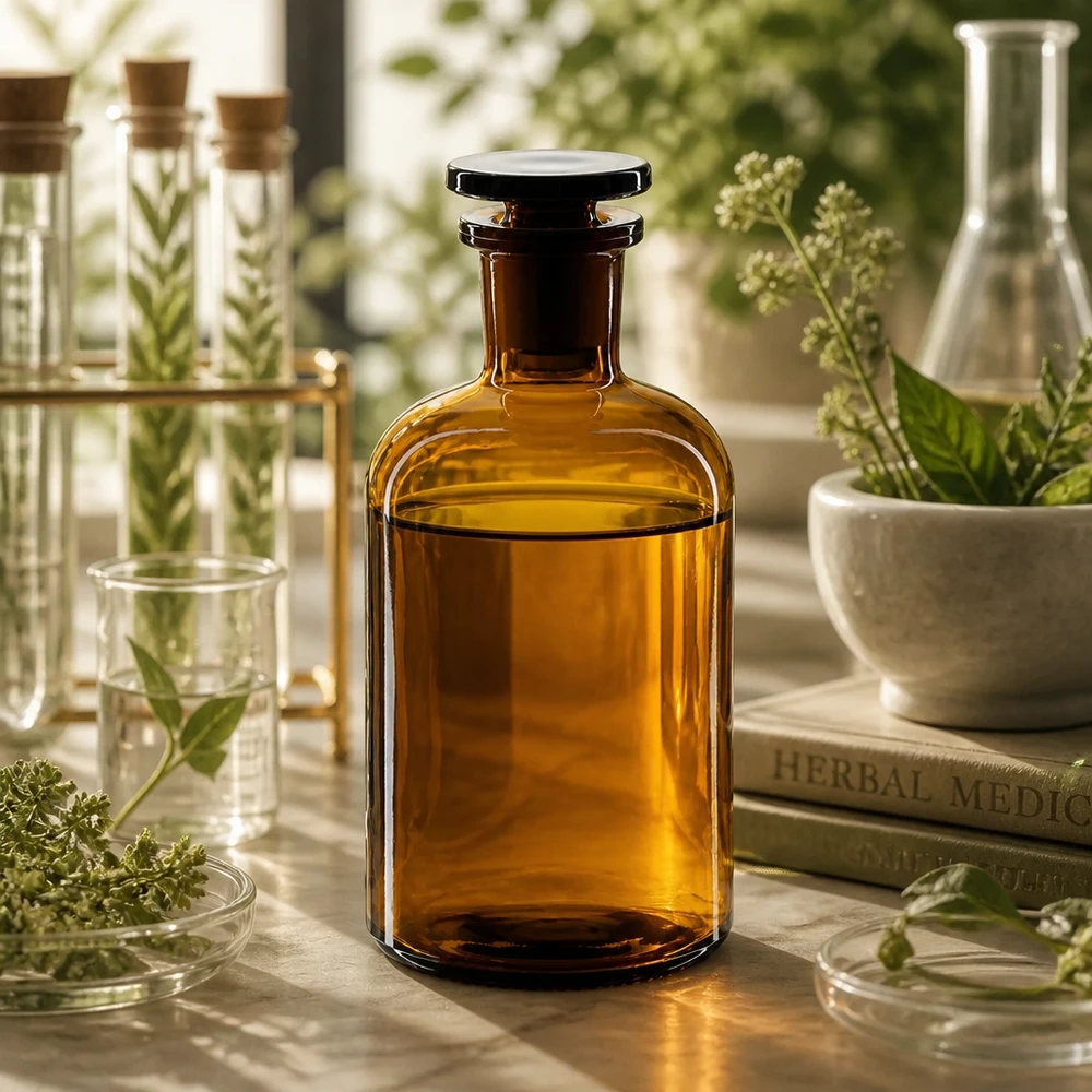 Brązowa butelka laboratoryjna o wąskiej szyjce, pojemność 250 ml, z szklanym korkiem, przeznaczona do przechowywania substancji chemicznych i odczynników