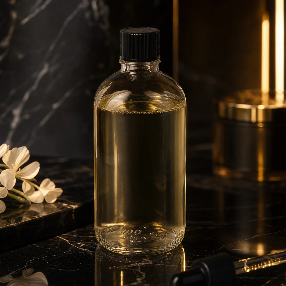 Cylindryczna szklana butelka ClearLine UT18 o pojemności 100 ml z czarnym standardowym zamknięciem na tle imitującym marmur