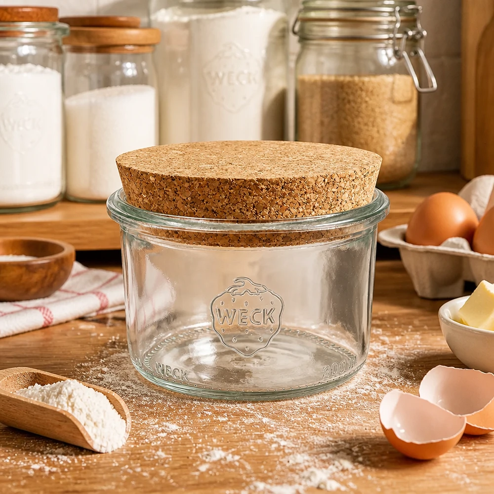 Kubki WECK 200ml RR80 z korkową pokrywką na drewnianym blacie w otoczeniu składników do pieczenia: mąki, jajek i masła.