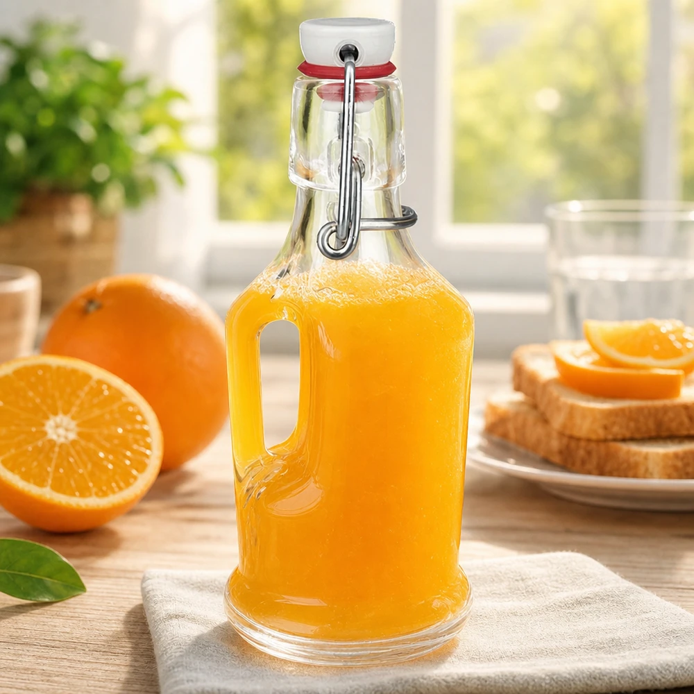 Szklana butelka UNiTW Bertha 200ml wypełniona sokiem pomarańczowym obok świeżych pomarańczy i tostów, scena śniadaniowa na huśtawce