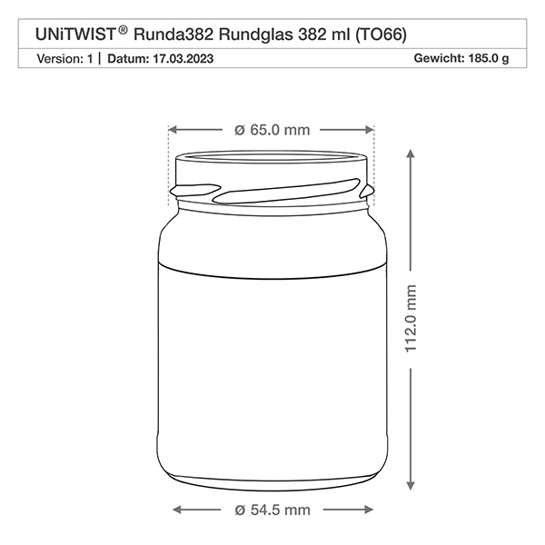 UNiTWIST Runda382 - Okrągły słoik o pojemności 382ml TO66 UNiTWIST Runda382 szklanka okrągła 382ml TO66 rysunek techniczny z wymiarami Średnica 65mm Wysokość 112mm Waga 185g
