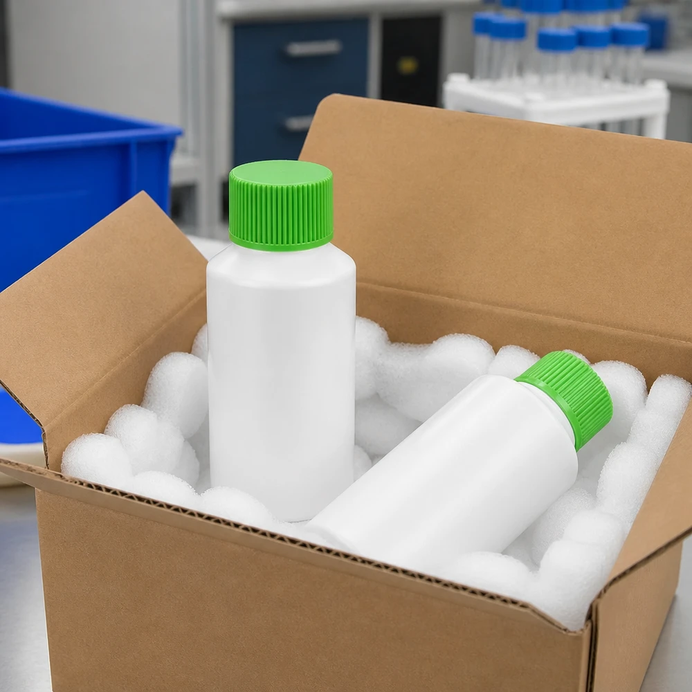 Dwie białe butelki apteczne z HDPE o pojemności 50 ml z zielonym zamknięciem SV, bezpiecznie zapakowane w karton z pianką