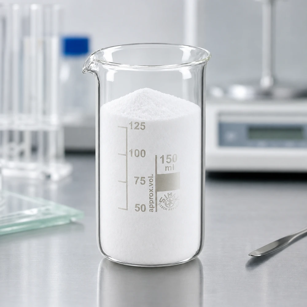 Zlewka 150 ml ze szkła borokrzemowego, wysoka Szklanka o pojemności 150 ml, wysoka, wypełniona białym proszkiem, stojąca na laboratoryjnym blacie ze stali nierdzewnej