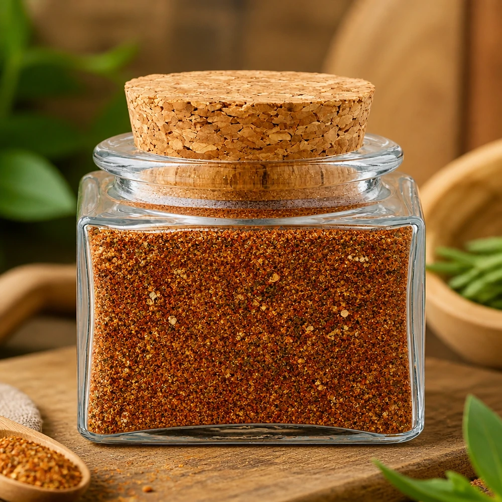 Mały słoik z naturalnym korkiem, wypełniony pikantną mieszanką chili, na zielonym tle