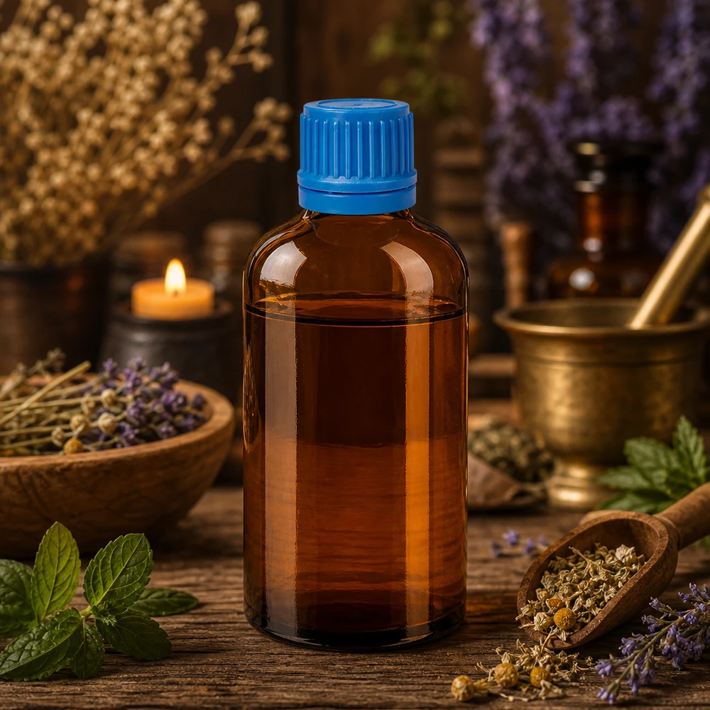 Butelka 100 ml 11 mm SV niebieski OV BrownLine UT18/100 Kompaktowa szklana butelka 100 ml w kolorze brązowym z niebieską zakrętką do naturalnych leków i nalewek