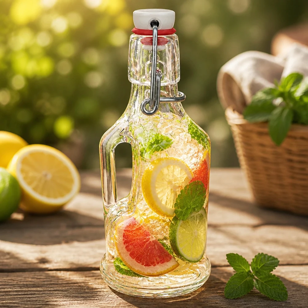 Szklana butelka 200 ml Bertha z zamknięciem zatrzaskowym z PVC UNiTWIST® 200 ml szklana butelka Bertha z naparem cytrynowo-grejpfrutowym, mięta, huśtawka UNiTWIST, atmosfera na zewnątrz