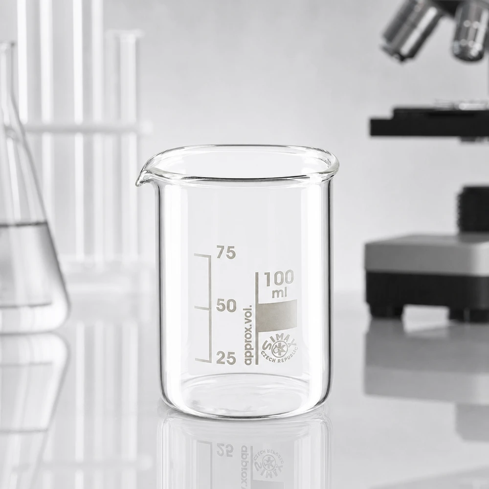 Przezroczysta zlewka 100 ml z niską formą wykonana ze szkła borokrzemowego do zastosowań chemicznych w laboratorium
