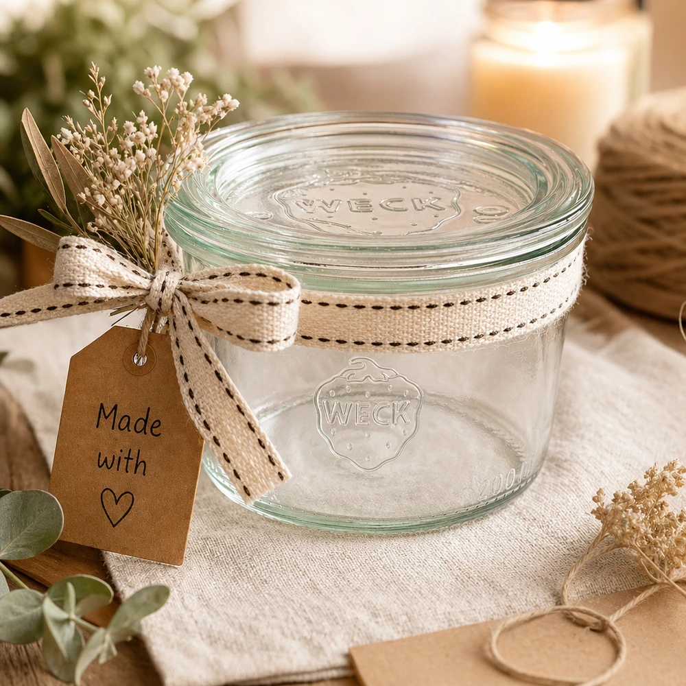 Kubki 200 ml ze szklaną pokrywką WECK RR80 Kubki WECK 200ml RR80 na prezent ozdobione wstążką i metką Made with Love