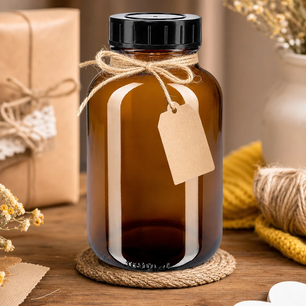 Butelka z szeroką szyjką o pojemności 1000 ml z bursztynowego szkła z zakrętką Wysokiej jakości bursztynowa szklana butelka z szeroką szyjką 1000 ml z ochroną UV i praktyczną zakrętką