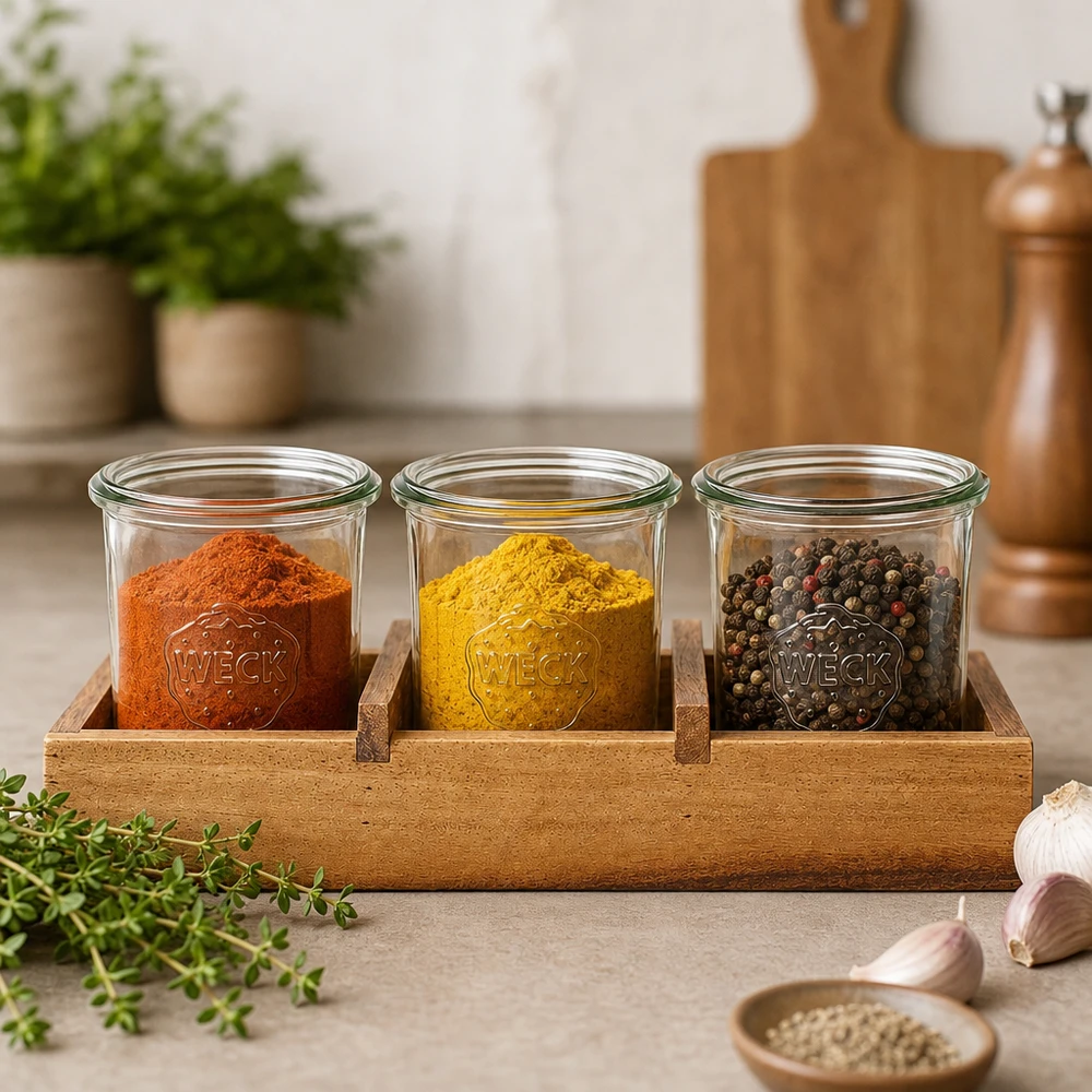 Taca do serwowania Box3 z drewna akacjowego na 3 kubki WECK Gewürz-Organisation im Akazienholz Servierbrett Box3 drei WECK Gläser mit Paprika Kurkuma Pfeffer Küchendeko