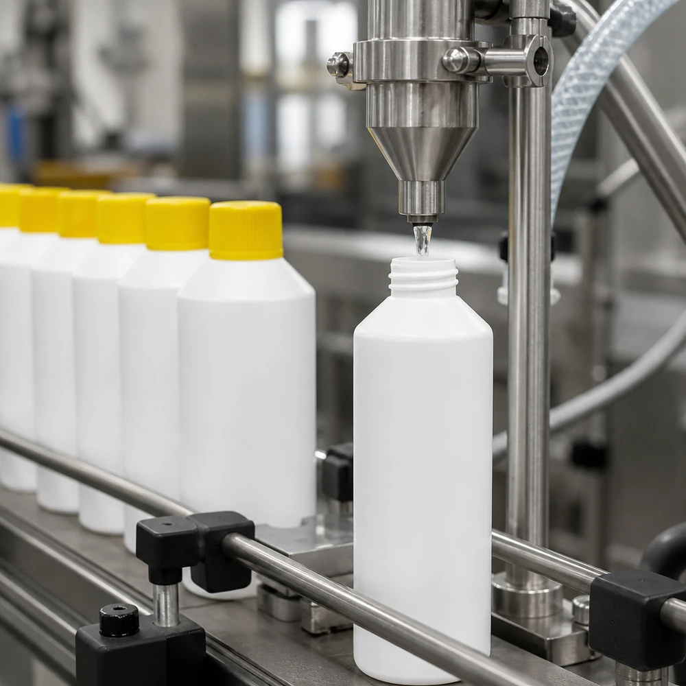 Automatyczna linia rozlewnicza napełnia białe butelki apteczne z HDPE o pojemności 100 ml z żółtymi nakrętkami