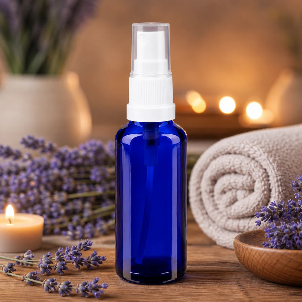 Butelka apteczna niebieska 30ml spray top biały Mała buteleczka z atomizerem o pojemności 30 ml, wykonana z szkła aptecznego z ochroną przed promieniowaniem UV, w kolorze kobaltowym, z białym atomizerem