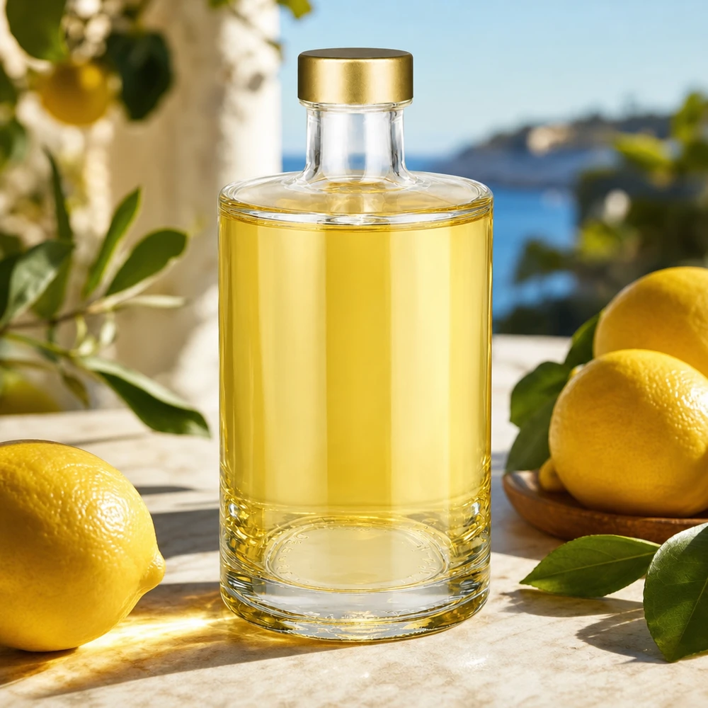 375 ml szklana butelka Sam z likierem cytrusowym złota zakrętka UNiTWIST cytrynowe limoncello śródziemnomorska atmosfera