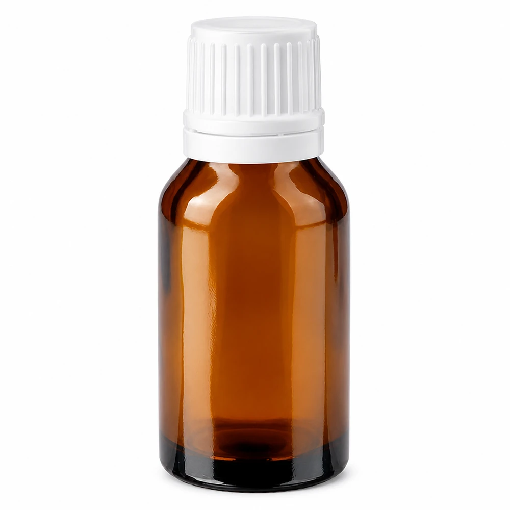 30 ml brązowa szklana buteleczka apteczna z białym zakrętkiem i plombą zabezpieczającą