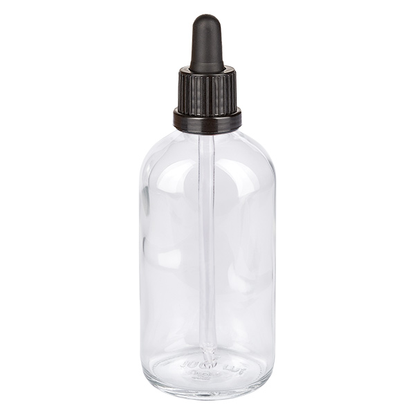 100 ml butelka z pipetą czarna OV ClearLine UT18/100 Butelka z pipetą o pojemności 100 ml, z przezroczystego szkła, z czarną zakrętką z kroplomierzem, seria ClearLine, model UT18