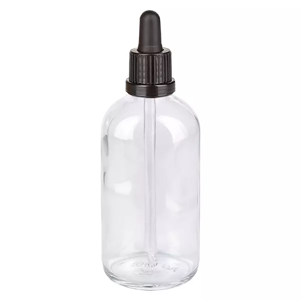 100 ml butelka z pipetą czarna OV ClearLine UT18/100 Butelka z pipetą o pojemności 100 ml, z przezroczystego szkła, z czarną zakrętką z kroplomierzem, seria ClearLine, model UT18