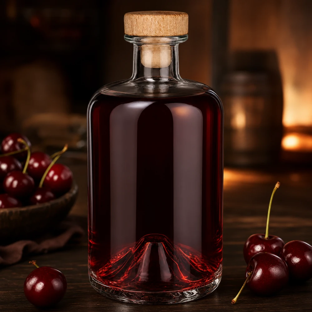Butelka apteczna 500 ml Sofia z drewnianym korkiem UNiTWIST® 500 ml szklana butelka Sofia z drewnianym korkiem wypełniona czerwonym wiśniowym płynem otoczonym świeżymi wiśniami Ambience
