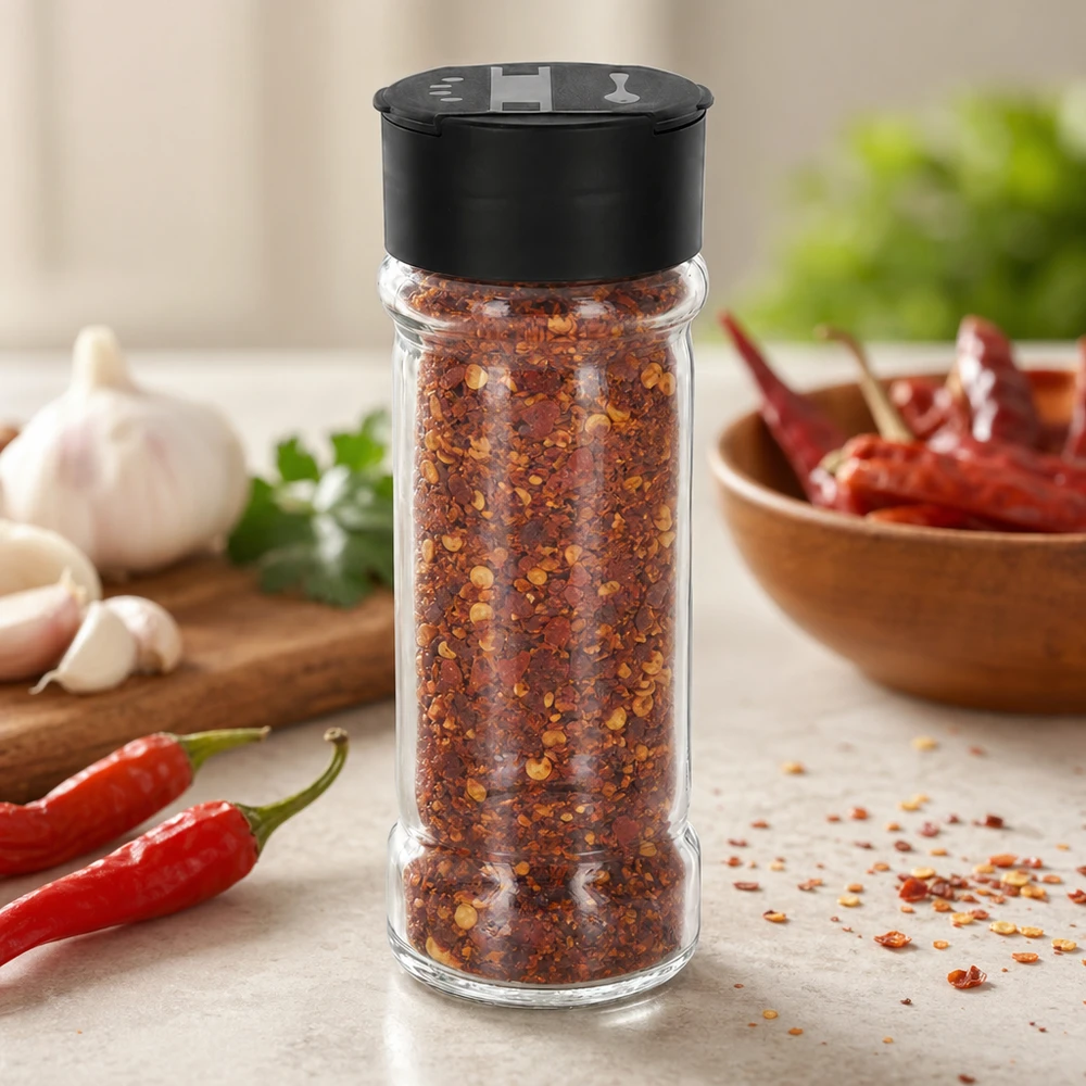 Słoik na sól/przyprawy 100 ml z podwójną dozownicą, czarny Słoik na przyprawy o pojemności 100 ml, wypełniony płatkami chili, z czarną pokrywką z dozownikiem, stojący na blacie kuchennym