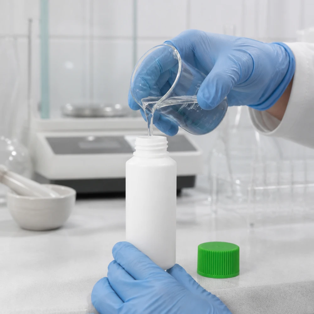 Laborant wlewa przezroczysty płyn do białej butelki z HDPE o pojemności 30 ml z zieloną zakrętką