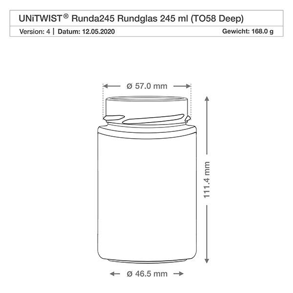 UNiTWIST Runda245 - Okrągły słoik o pojemności 245ml TO58deep UNiTWIST Runda245 szklanka okrągła 245ml TO58 Głęboki rysunek techniczny o wymiarach 57mm średnica 111.4mm wysokość 168g