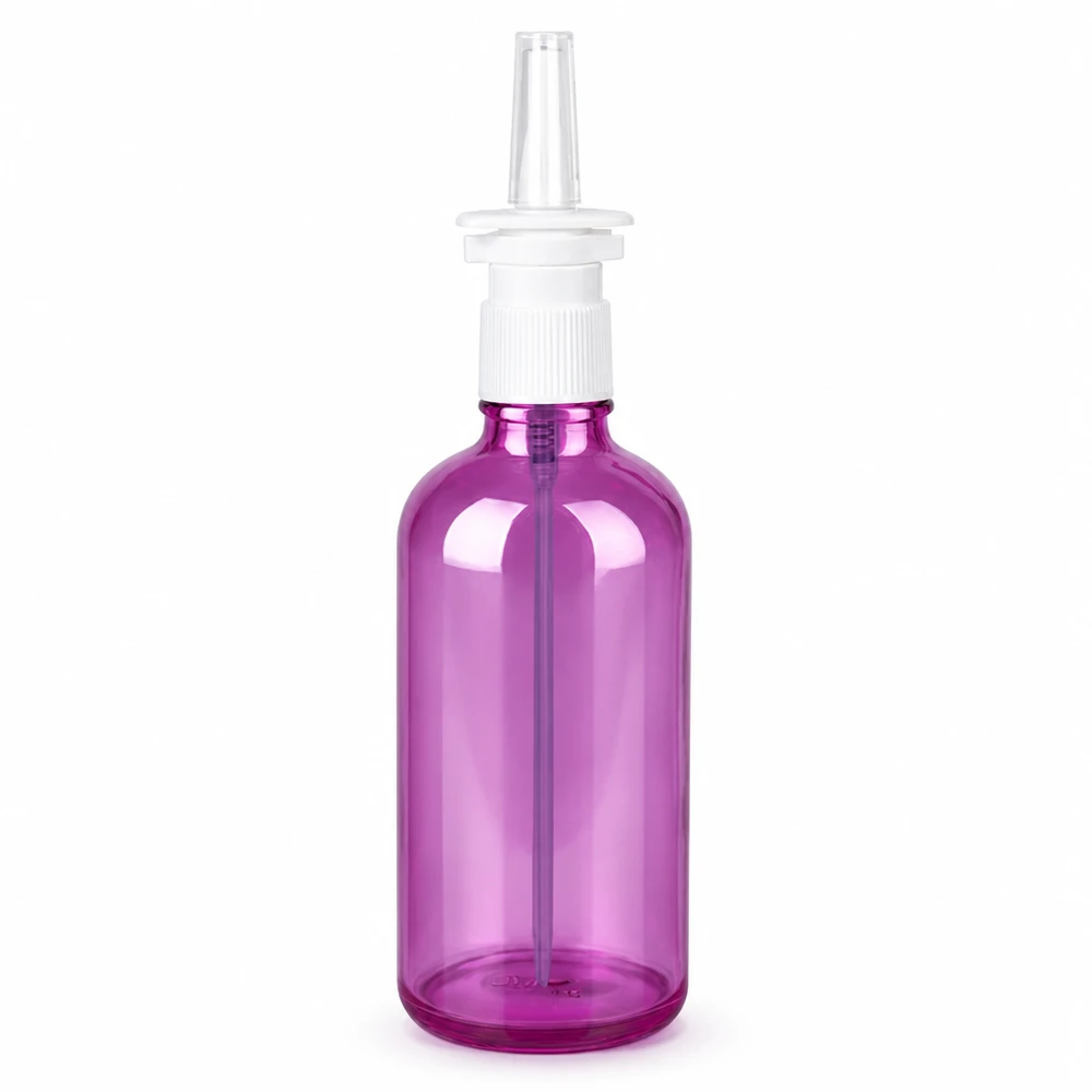 100 ml butelka z rozpylaczem do nosa fioletowa przezroczysta z białą nasadką rozpylającą UT18 gwint PurpleLine