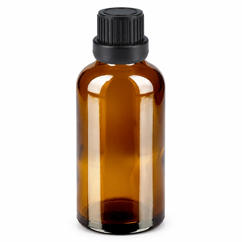 50 ml butelka z kroplomierzem 2 mm czarna OV BrownLine UT18/50 Butelka z zakraplaczem z bursztynowego szkła o pojemności 50 ml z czarną zakrętką do olejków eterycznych i kosmetyków
