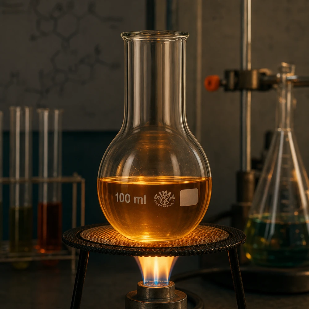 Kolba okrągłodenna o pojemności 100 ml z szeroką szyjką na grzałce laboratoryjnej do kontrolowanej regulacji temperatury