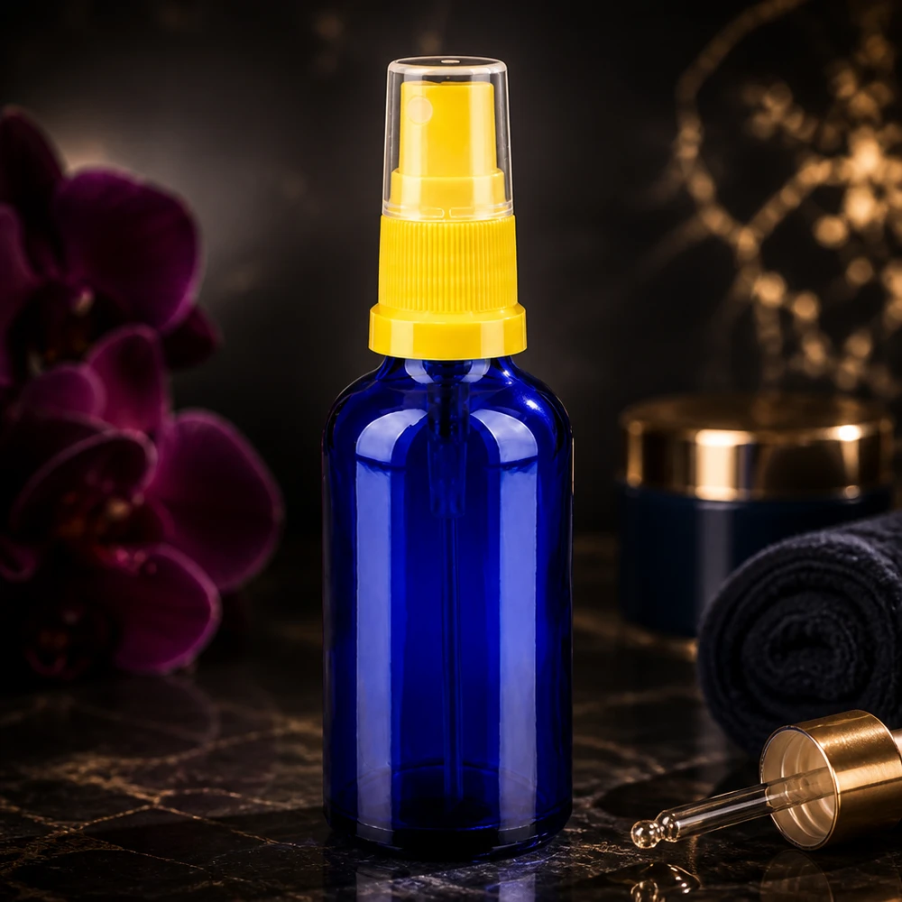 50 ml butelka ze spryskiwaczem żółta/przezroczysta STD BlueLine UT18/50 Mała butelka z rozpylaczem o pojemności 50 ml wykonana z niebieskiego szkła chroniącego przed promieniowaniem UV ze standardowym gwintem UT18 do serum