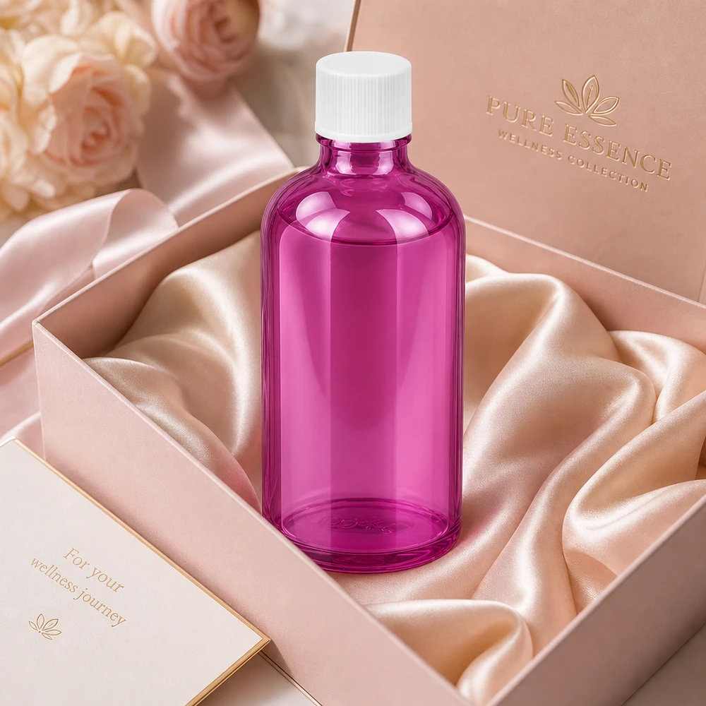 Wysokiej jakości szklana butelka o pojemności 100 ml w eleganckim fioletowym kolorze do profesjonalnych zastosowań w branży wellness i kosmetycznej.