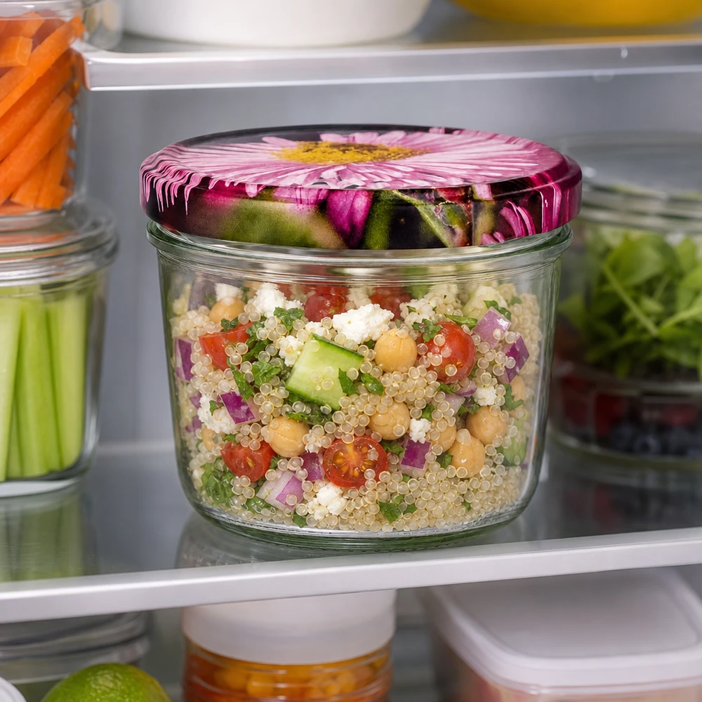 Słoik o pojemności 230 ml z pokrywką BasicSeal w lodówce, wypełniony sałatką z komosy ryżowej i warzywami jako posiłek przygotowawczy.
